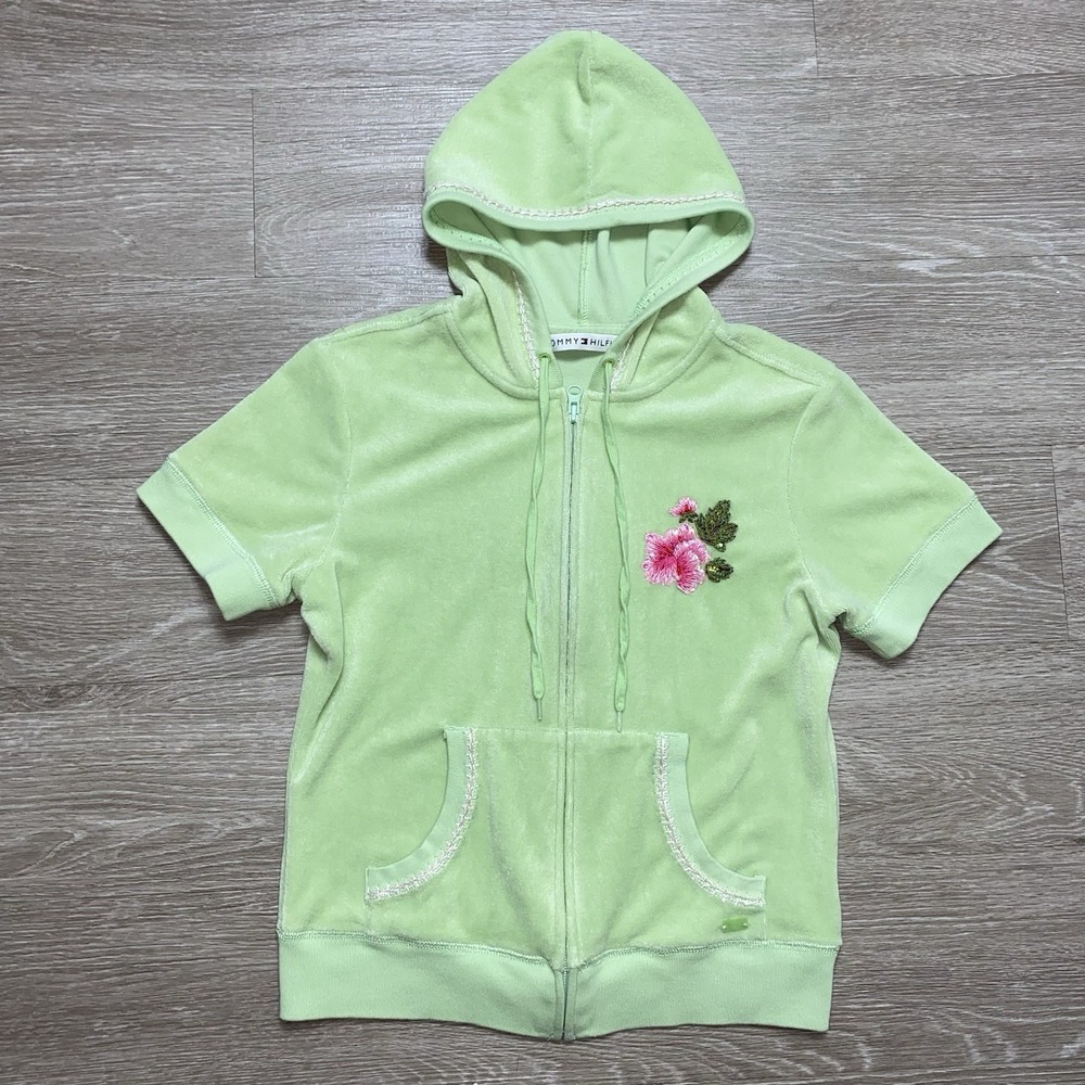 Y2K Tommy Hilfiger Full Zip Hoodie Women's M Green Short Sleeve Embroidered